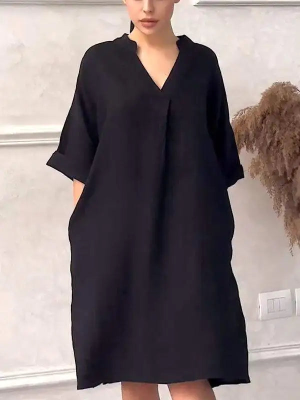 Fashion Cotton And Linen Women's V-neck Loose Dress women fashion'/MH