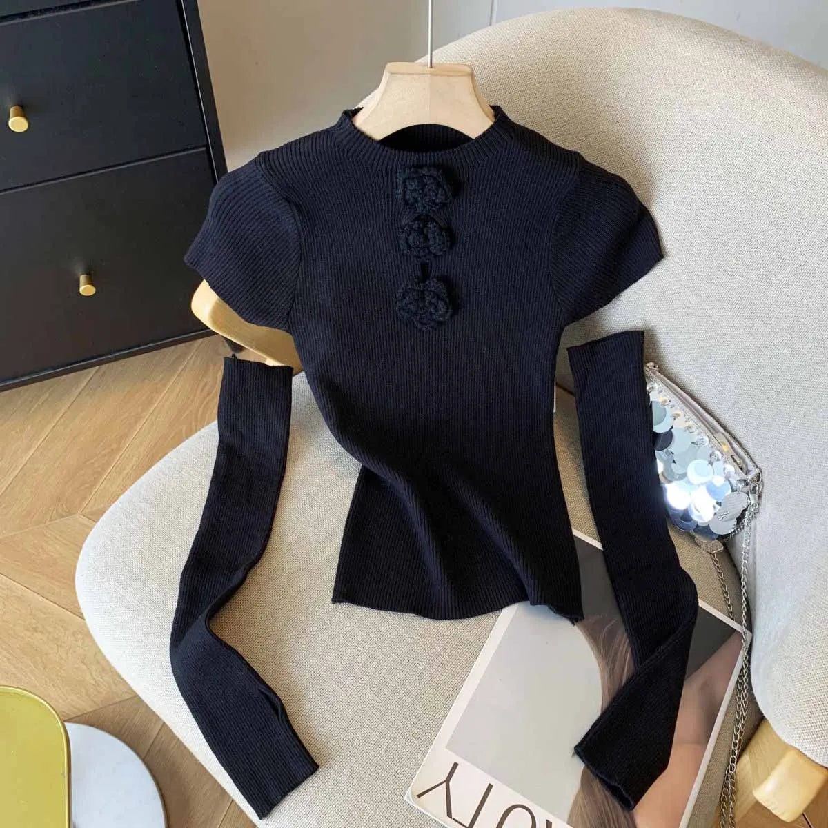 Women's Clothing Fashion Floral Solid Knitted Sweaters Spring Summer Elegant Slim O-neck Long Sleeve Tops