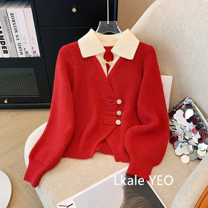 New 2025 Autumn Winter Design Splicing Slim Women Knitted Cardigan Sweater Jacket Fashion Fake Two Items Loose Ladies Top