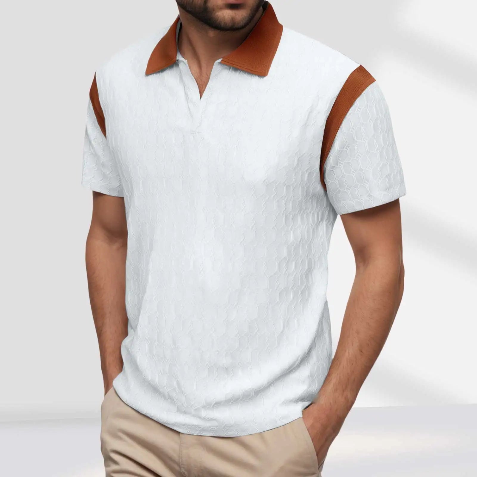 2025 Trendy Men'S polo Shirt With Color Block Design Summer Casual Lapel Shirt Knitted Jacquard Short Sleeve Versatile Shirt