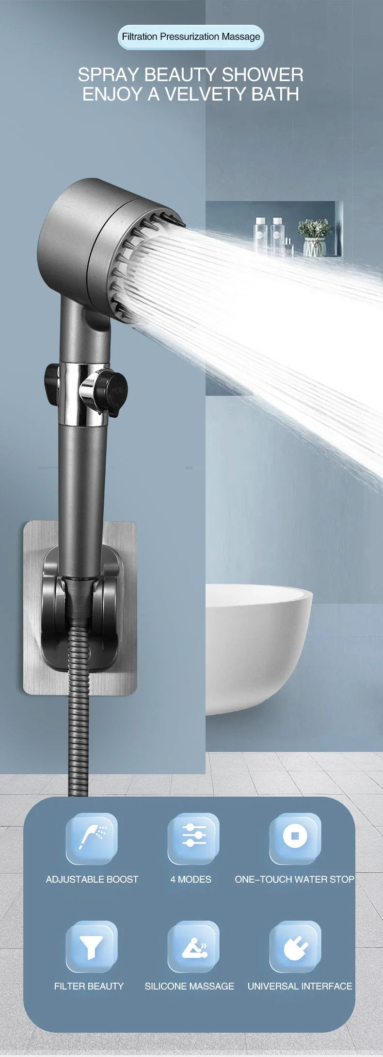High Pressurized Filter Shower Head 3-mode Adjustable Spray with  Bathroom Accessories.