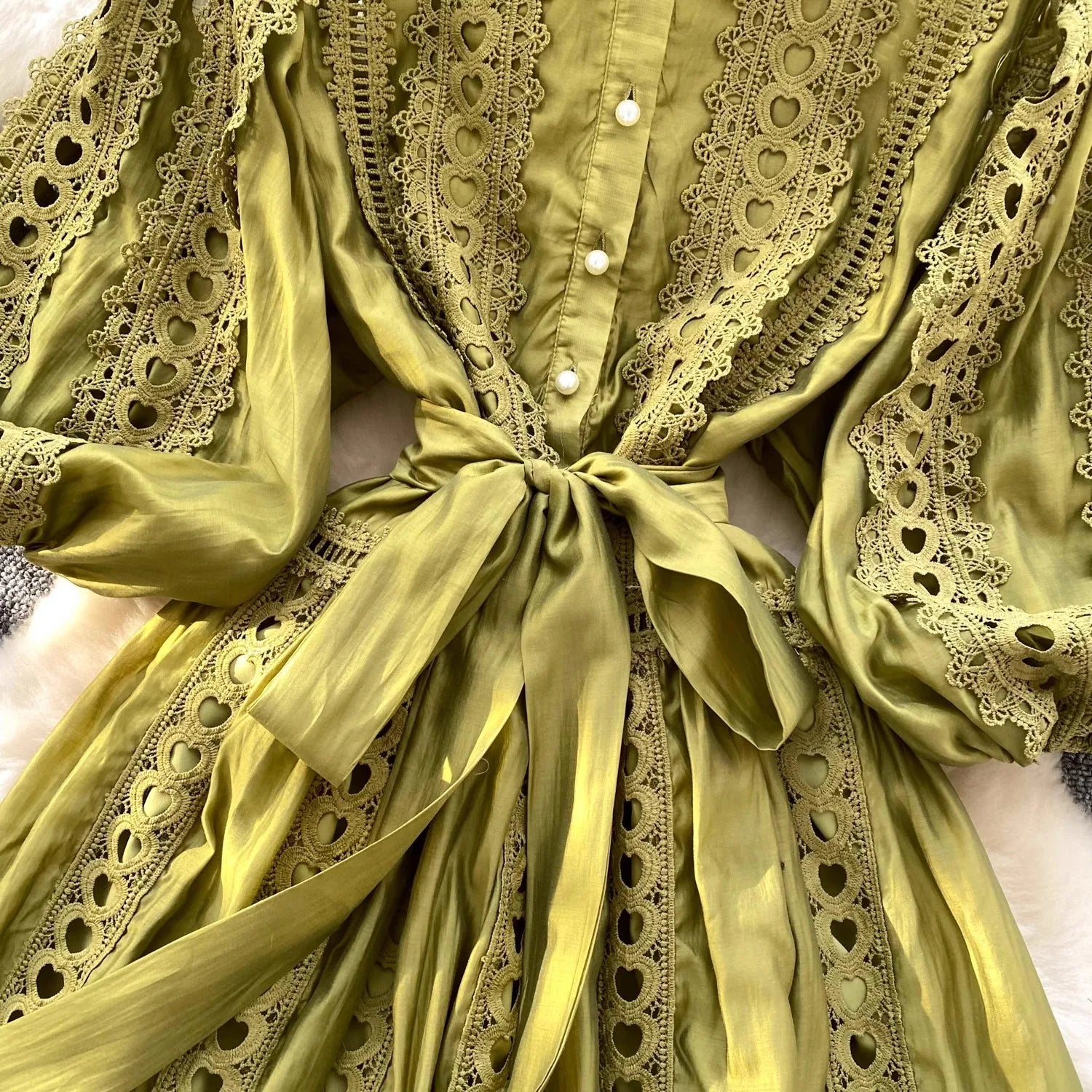 Spring Summer Embroidery Lace Stitching Hollow Out Midi Dress Women's Stand Collar Single Breasted Belt Loose Party Vestidos