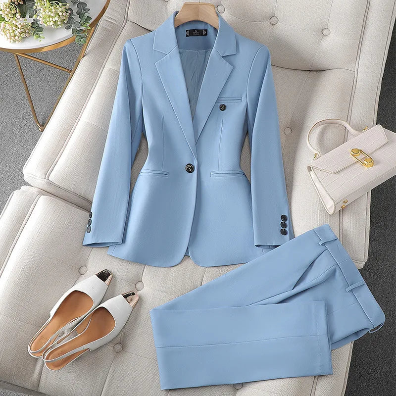 Office Lady Single Button Blazer Chic High Waisted Pants 2 Piece Set.