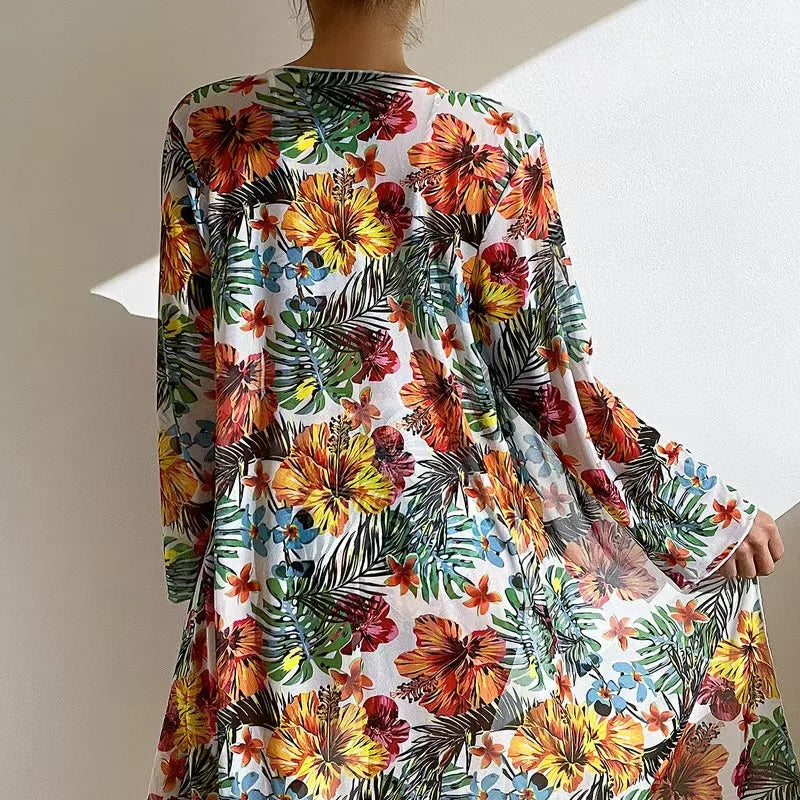 Bohemian Print Sexy Bikini 3 Pieces Floral Printed Swimsuit Women High Waisted Bikini Set With Mesh Long-Sleeved Blouse Swimsuit