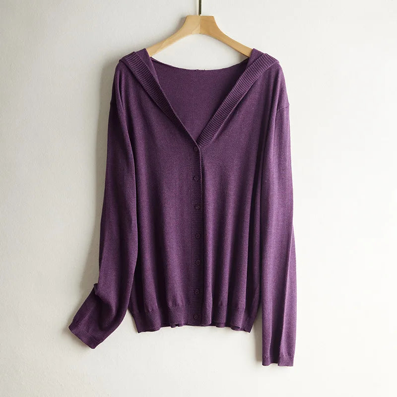 Birdtree 63.9% Silk Cashmere Blended Cardigan Hooded Loose Long Sleeve Knitted Coat Solid Casual Women's Top Autumn New T38533QM