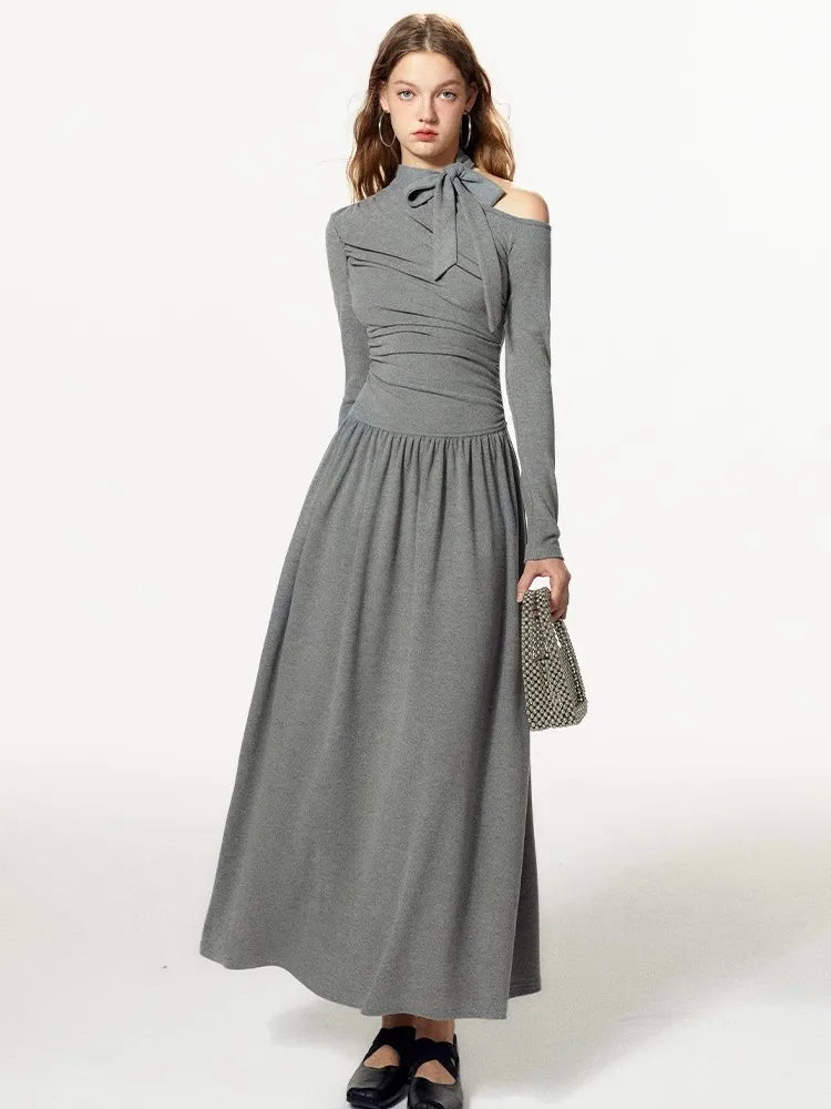 Grey Off Shoulder Pleated Dress For Women In Autumn And Winter, With A Unique Sense Of Luxury And A Slim Fit A-Line Dress