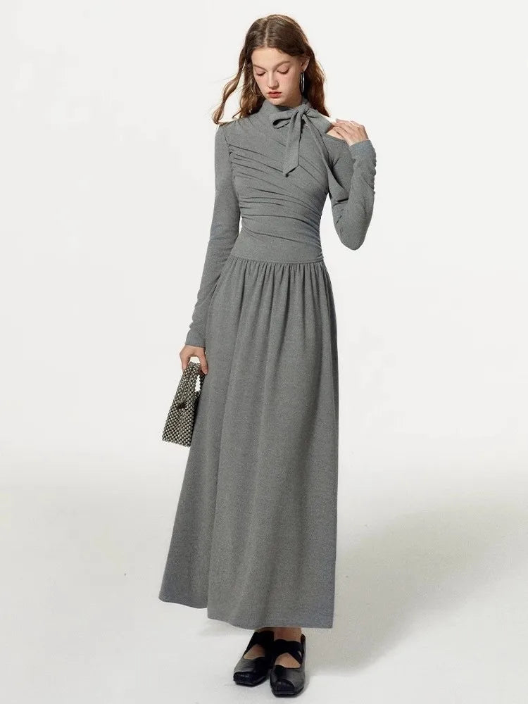 Grey Off Shoulder Pleated Dress For Women In Autumn And Winter, With A Unique Sense Of Luxury And A Slim Fit A-Line Dress