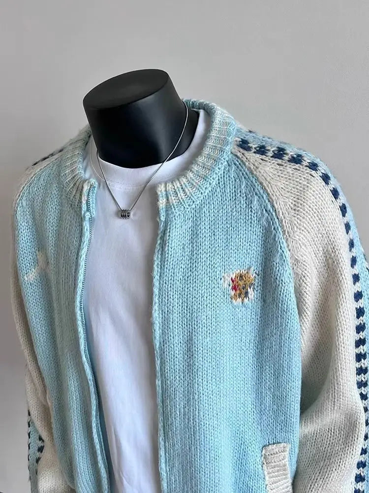 Design Knitted Wool Color-blocked Zipper Jacket Men's Winter .