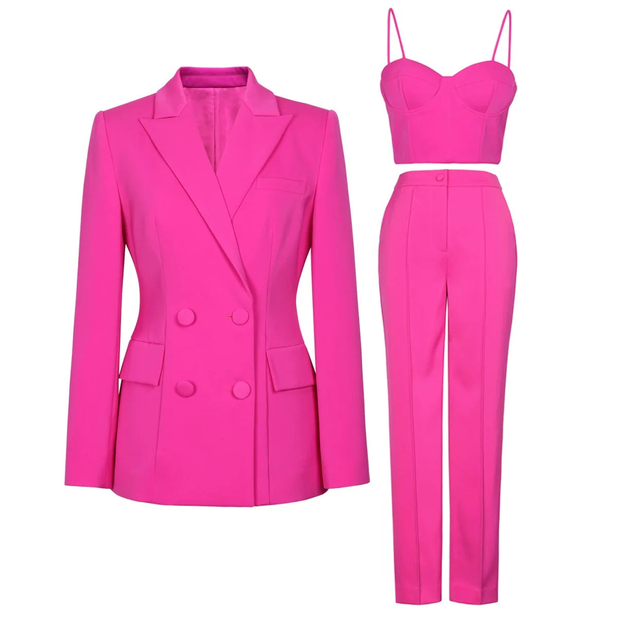 American  Fresh Fuchsia Color 3PCS Blazer Set with Bre Top and Pencil Pants .