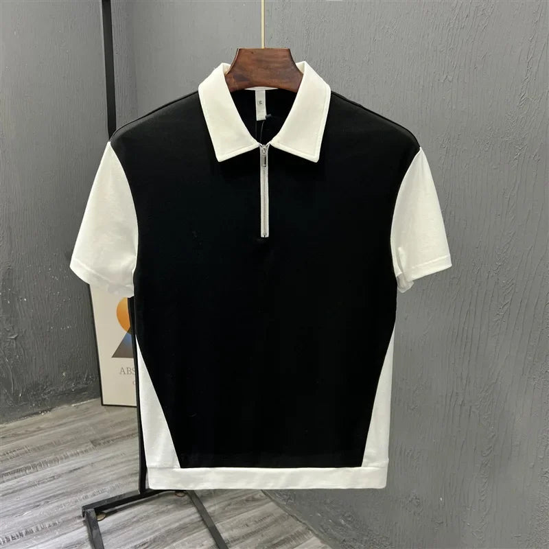 Fashionable Half-zipped Men's Polo Shirt Casual Color Block Short Sleeves Summer Trendy Lightweight Style Men's T-shirt