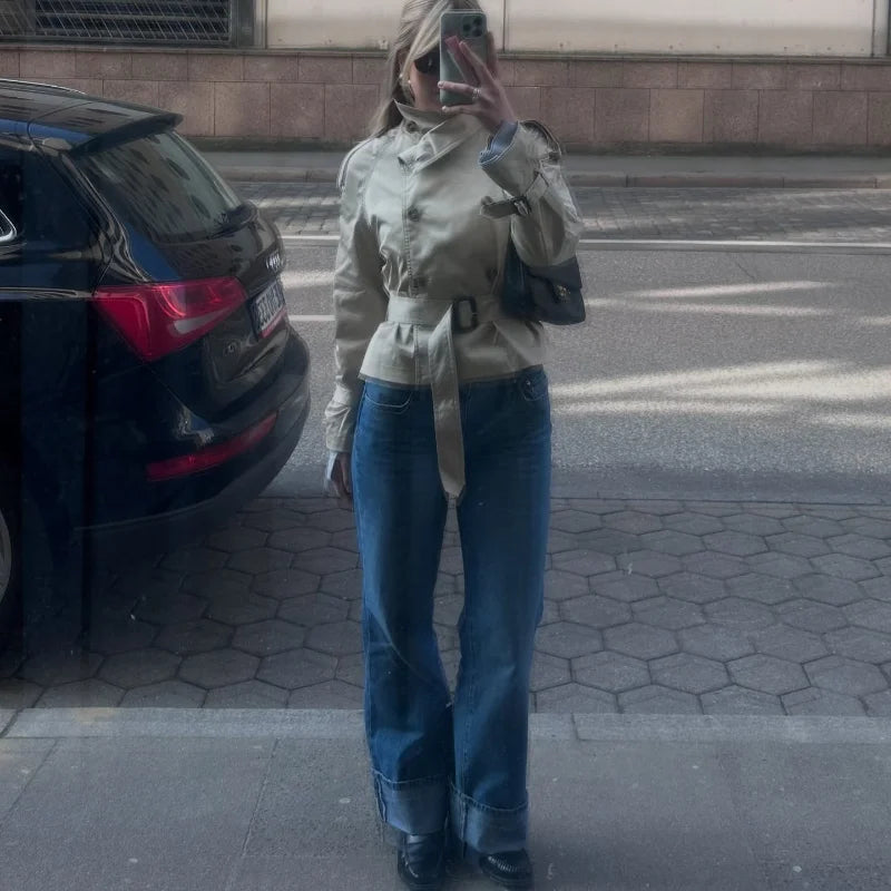 Fashion Women's Short Belt Jackets Long Sleeve Stand Collar Double Breasted Female Coat 2025 Autumn Lady Solid Outwear