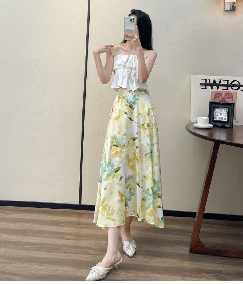 Summer High Waist Women Skirts Casual Floral Printed Chiffon.