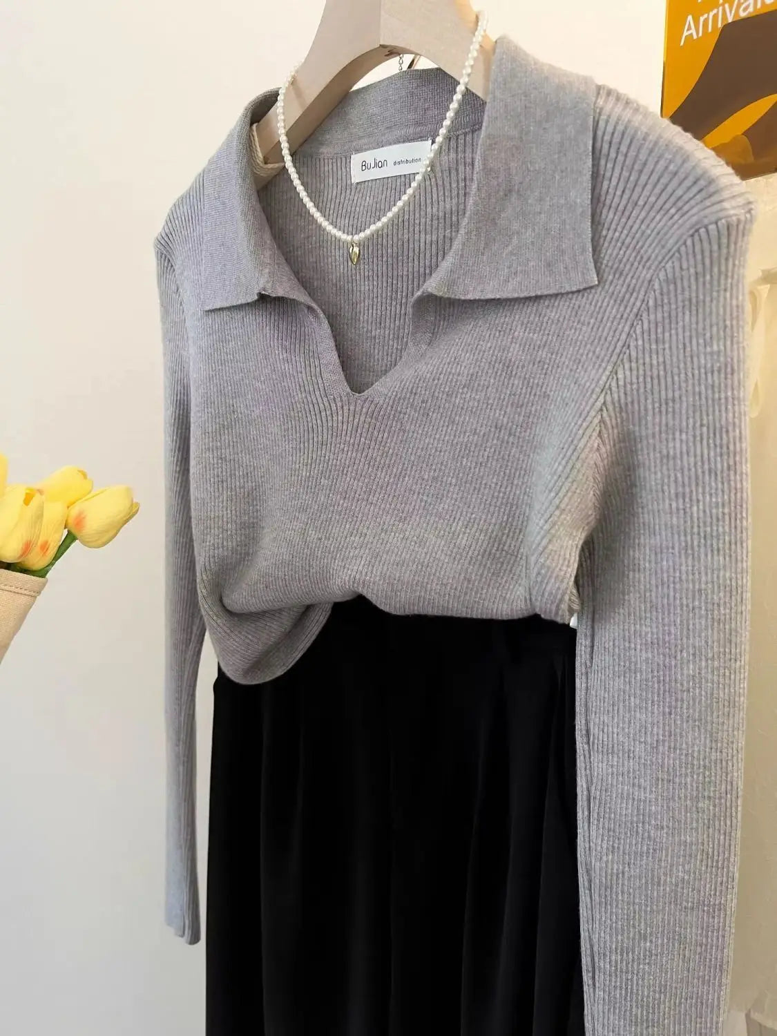 Women Clothing Vintage Fashion Solid Turn-down Collar Pullovers.