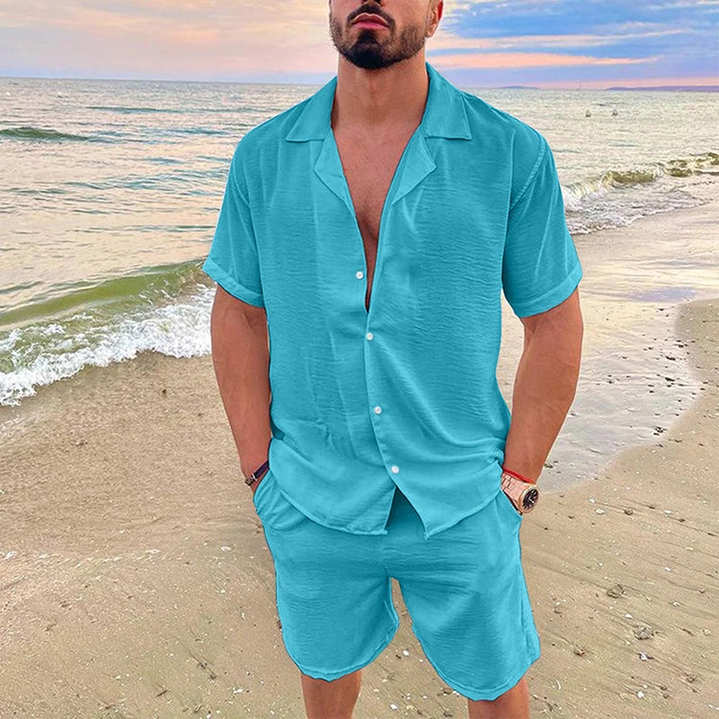 Men's Summer Casual Loose Two Piece Sets Beach Solid Cotton .