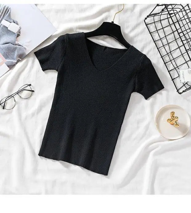 V-neck Solid Thin Summer Women Pullover Female Knitted Ribbed Sweater.