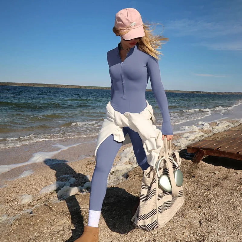 Shestyle Solid Women 2025 Fitness Bodycon Jumpsuit Zipper Fly Mock Neck Work Out Clothes Hipster Violet Sexy Stretchy Stylish