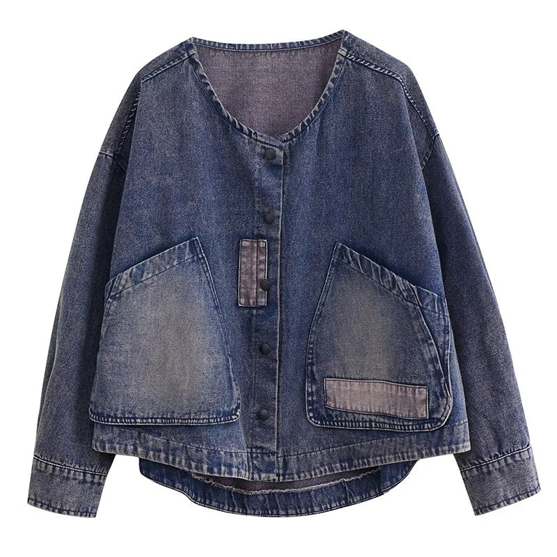 Women Long Sleeve  Denim Jackets Big Pocket Vintage Blue Short Coat .