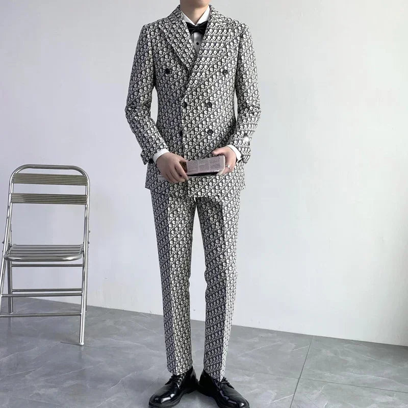 Printed Letter Men Suits Slim Fit Double Breasted Groom .