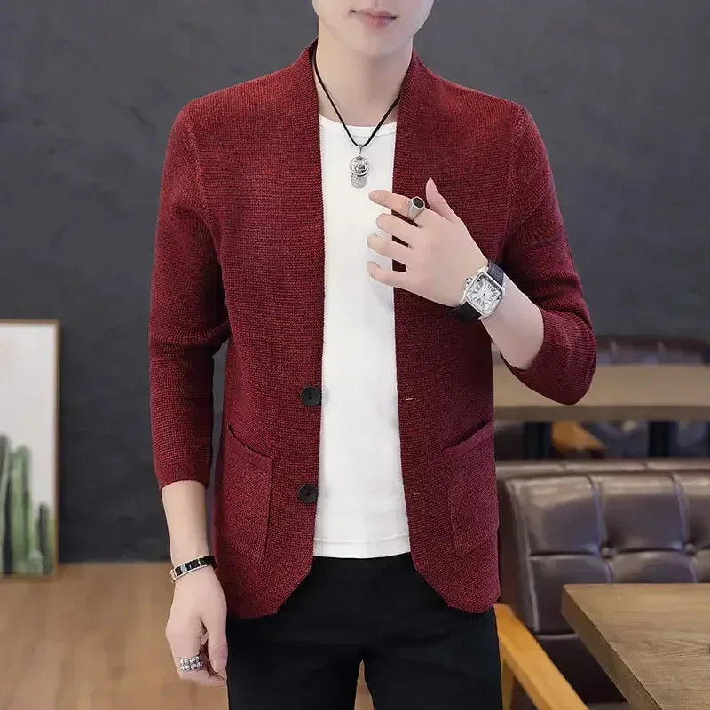 Knit Sweater Male Men's Clothing Cardigan Black Slim Fit Plain .