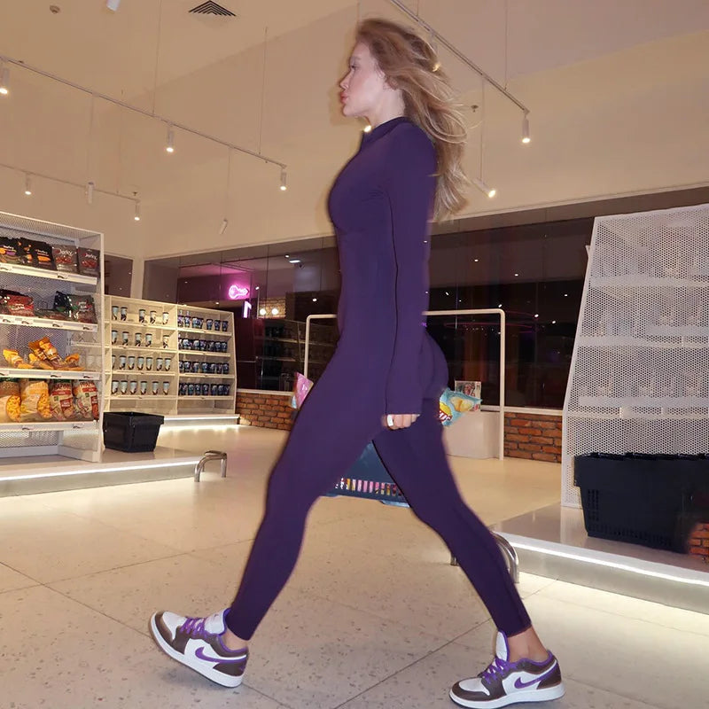 Shestyle Solid Women 2025 Fitness Bodycon Jumpsuit Zipper Fly Mock Neck Work Out Clothes Hipster Violet Sexy Stretchy Stylish