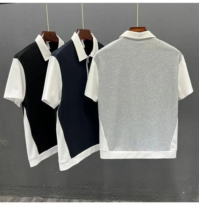 Fashionable Half-zipped Men's Polo Shirt Casual Color Block Short Sleeves Summer Trendy Lightweight Style Men's T-shirt