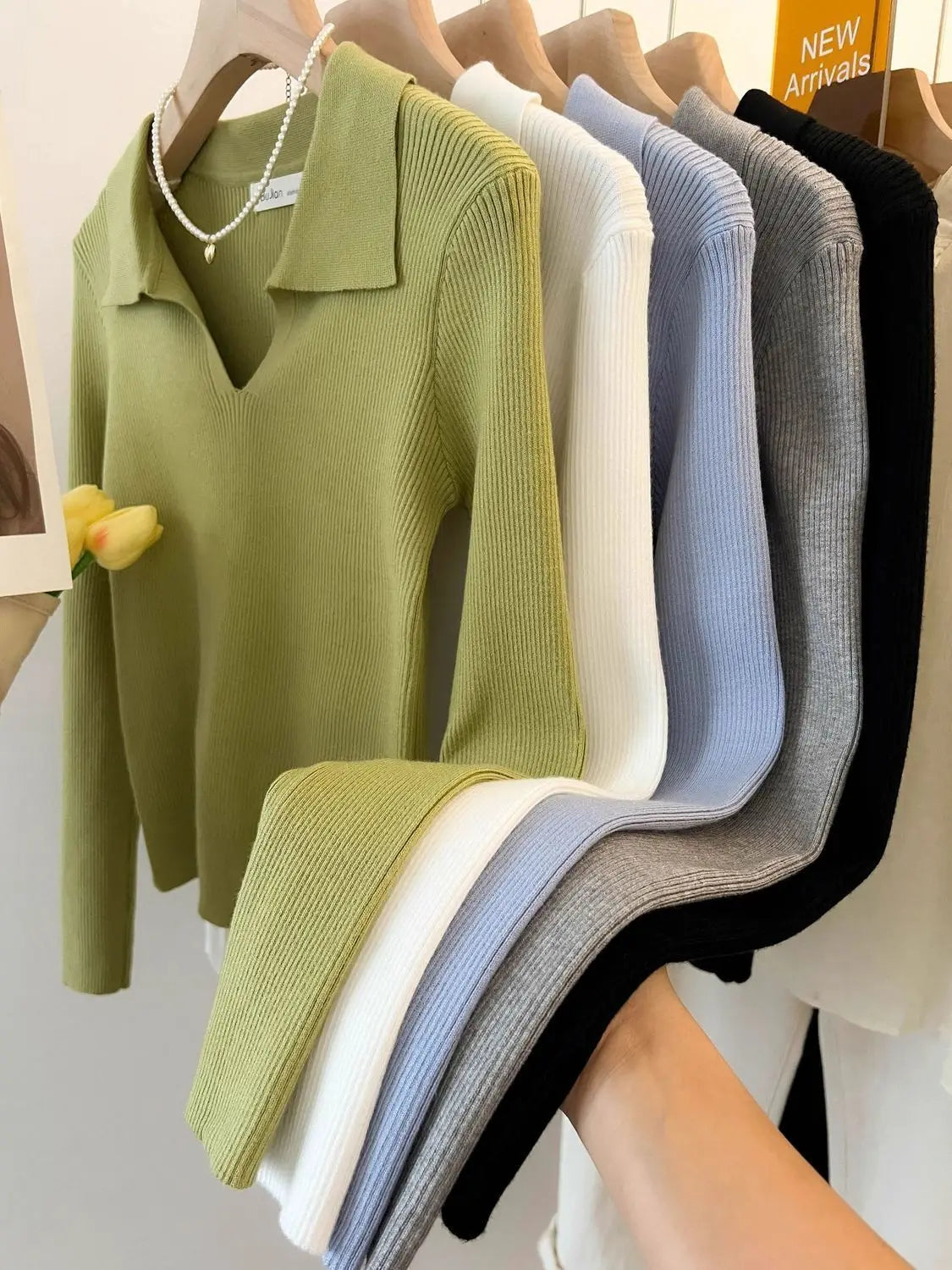 Women Clothing Vintage Fashion Solid Turn-down Collar Pullovers.