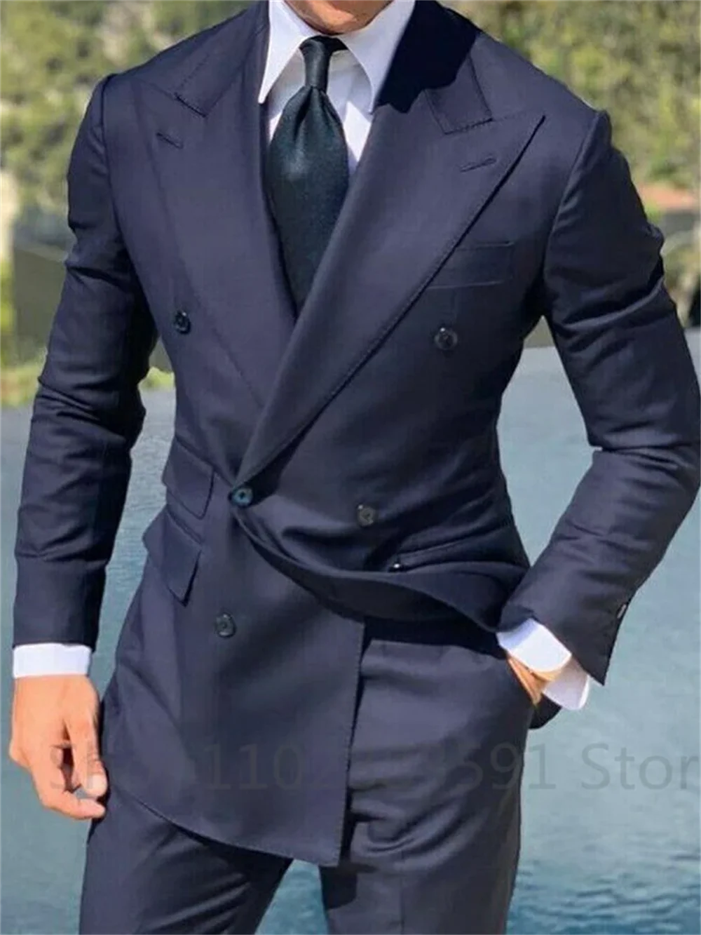 1 Piece Navy Blue Double Breasted Jacket Only Costume Homme Men .