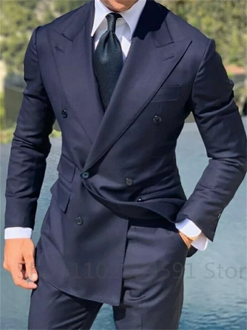 1 Piece Navy Blue Double Breasted Jacket Only Costume Homme Men .