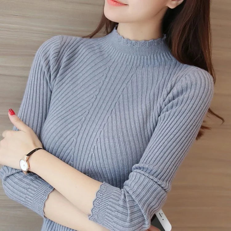 Autumn Women Mock Neck Ruffles Sweater Long Sleeve.