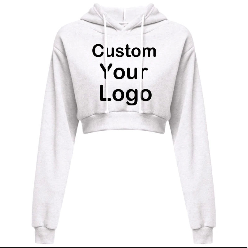 Customized Logo Print  Crop Hoodie Women Spring Autumn Pullovers Ladies Solid Color Drawstring Hooded Full Sleeve Sweatshirt