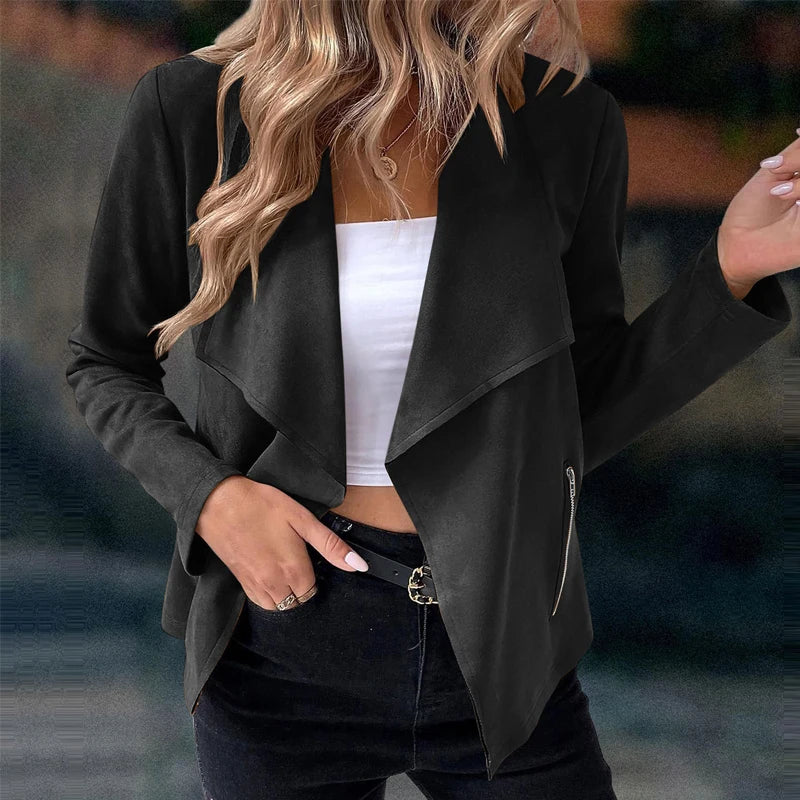 Women's Suit Jacket Solid Suede Lapel Zipper Pocket .