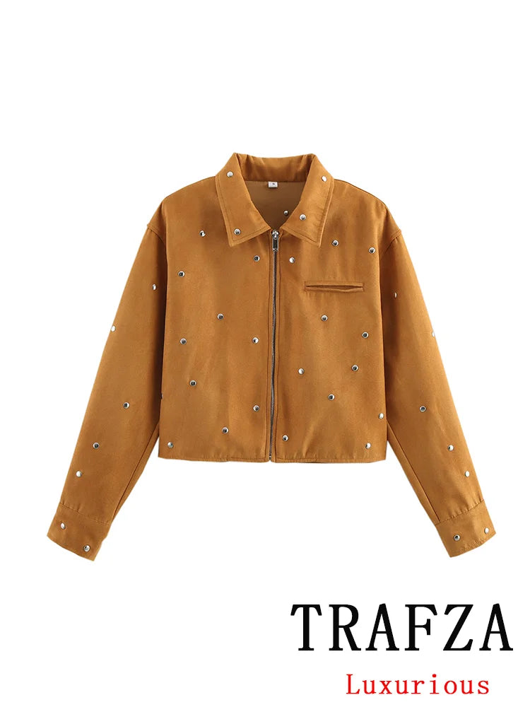 TRAFZA Casual Chic Women Solid Jackets Rivet Long Sleeve .