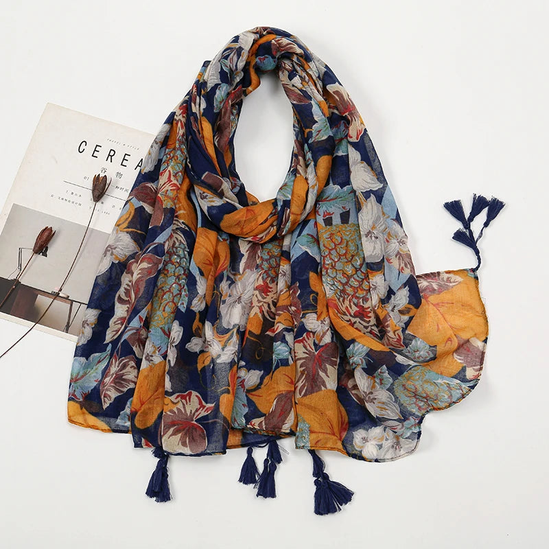 New Printed Soft Linen Cotton Scarf Shawls Women Muslim Hijabs Premium Foulard Femme Long Fresh Floral Tassel Scarves Echarpe