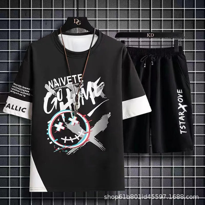 Summer Casual Set, Men's Thin and Trendy Round Neck Short Sleeved T-shirt,