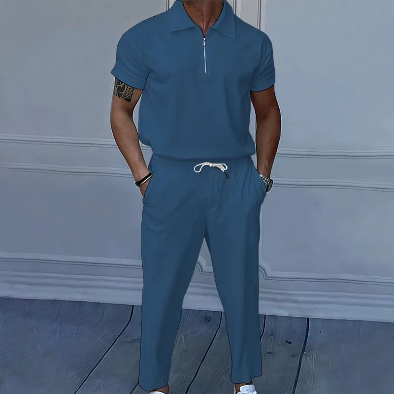 Casual Mens Corduroy Suits Short Sleeve Zipper Polo Shirts And Pants Mens Two Piece Sets Streetwear 2024 Summer Fashion Outfits