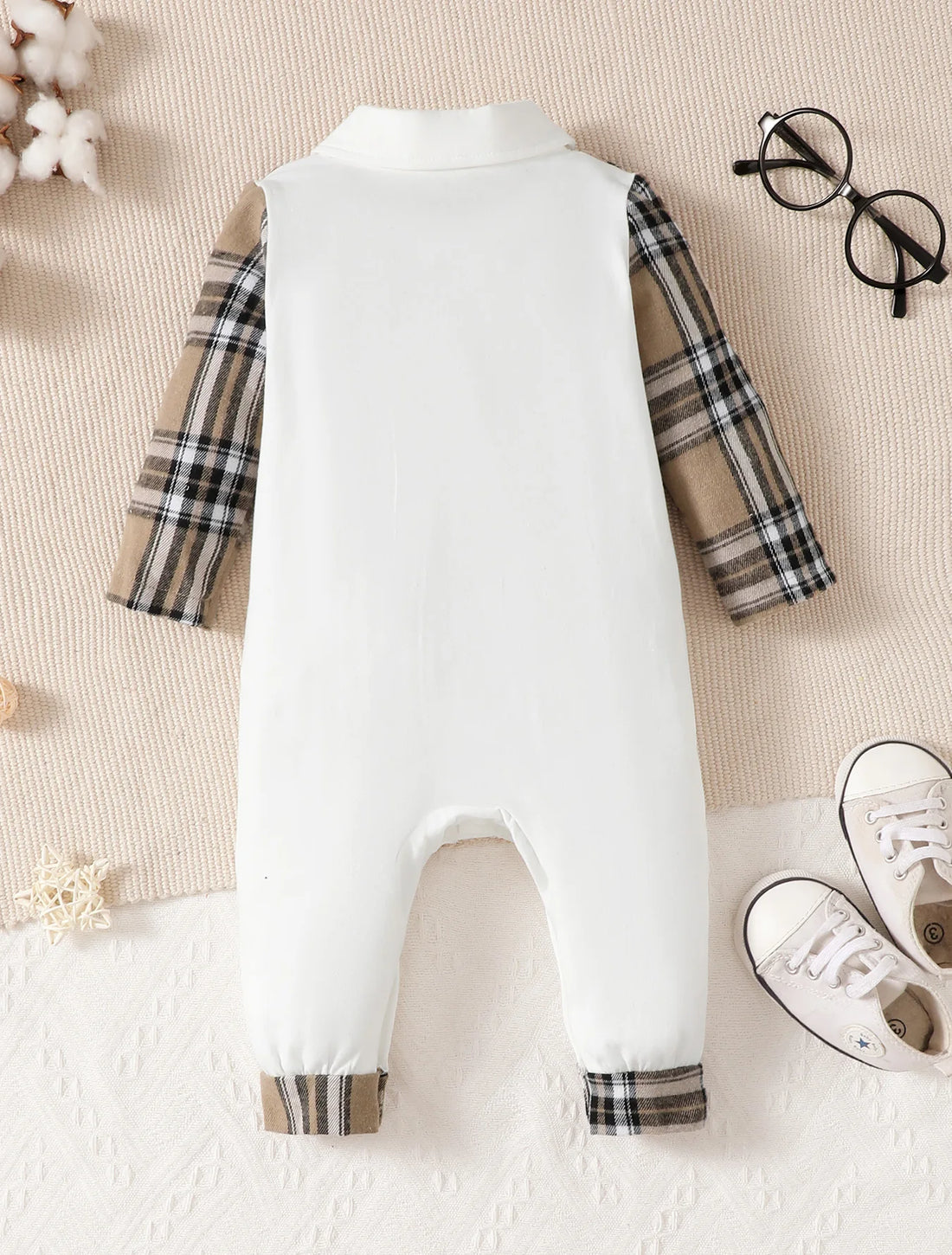 2Pcs Baby Boy Lapel Checkered Bodysuit+Hat Set .