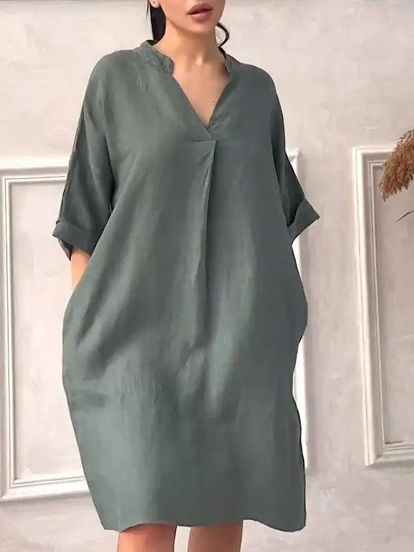 Fashion Cotton And Linen Women's V-neck Loose Dress women fashion'/MH