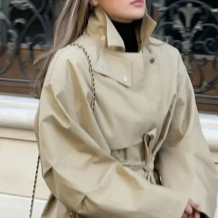 Single Breasted Khaki Belt Trench Coat Women.