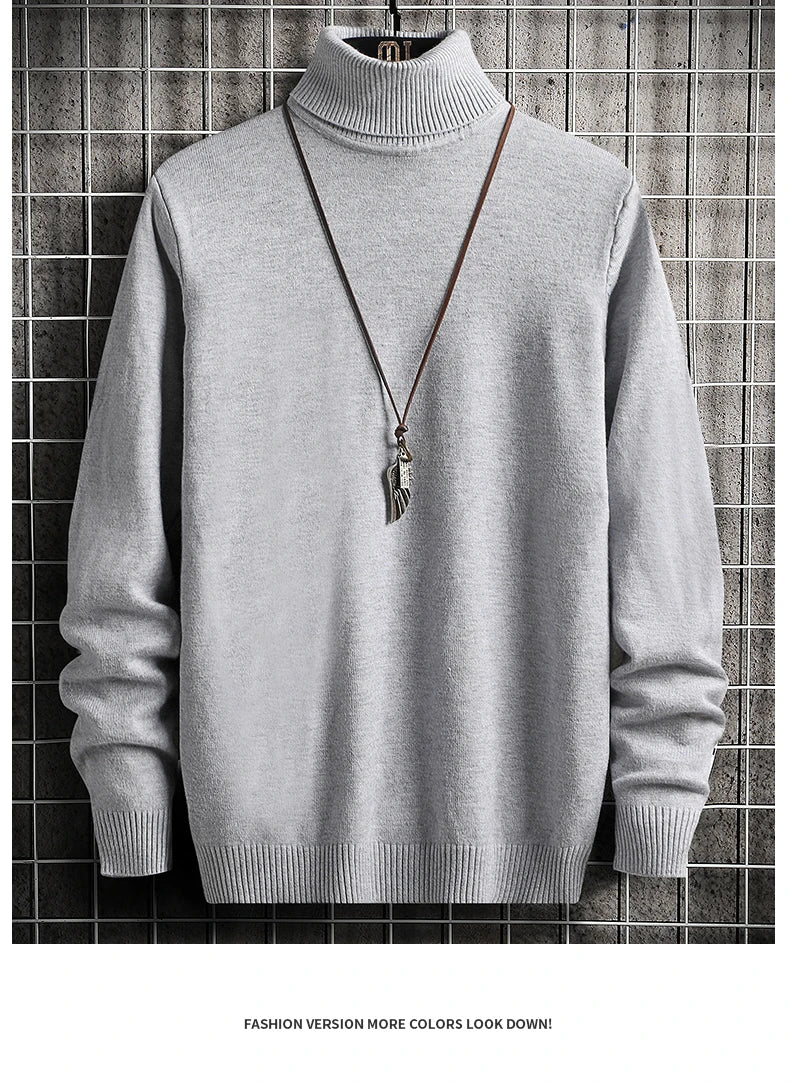 Men Pullovers Knitted Sweaters Turtleneck Solid Tops .