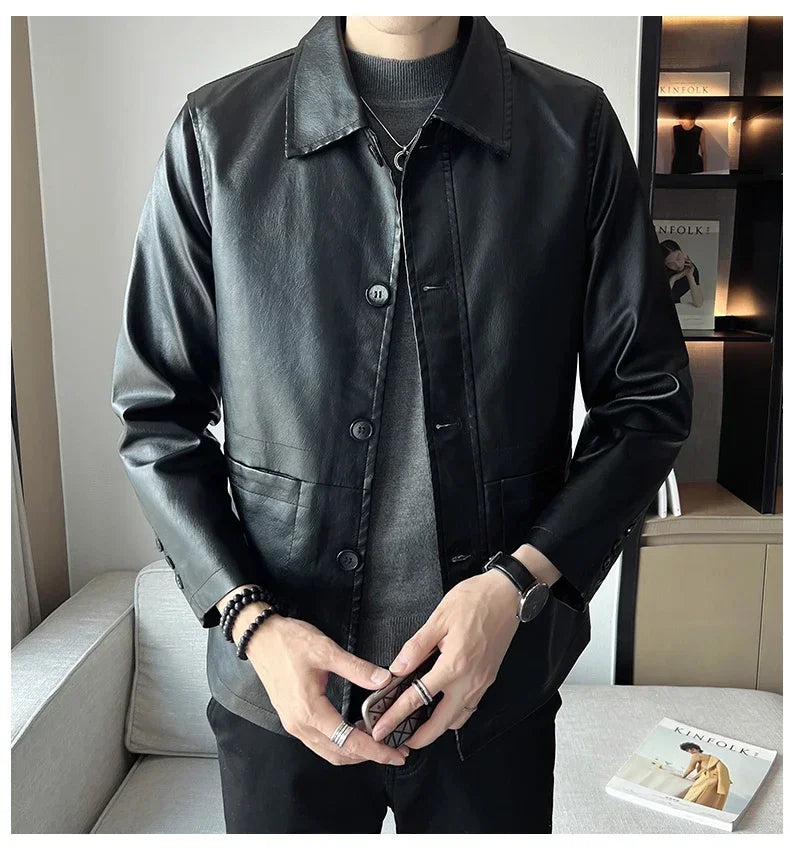 brand slim leather jacket coat Men Business Casual Autumn winter.