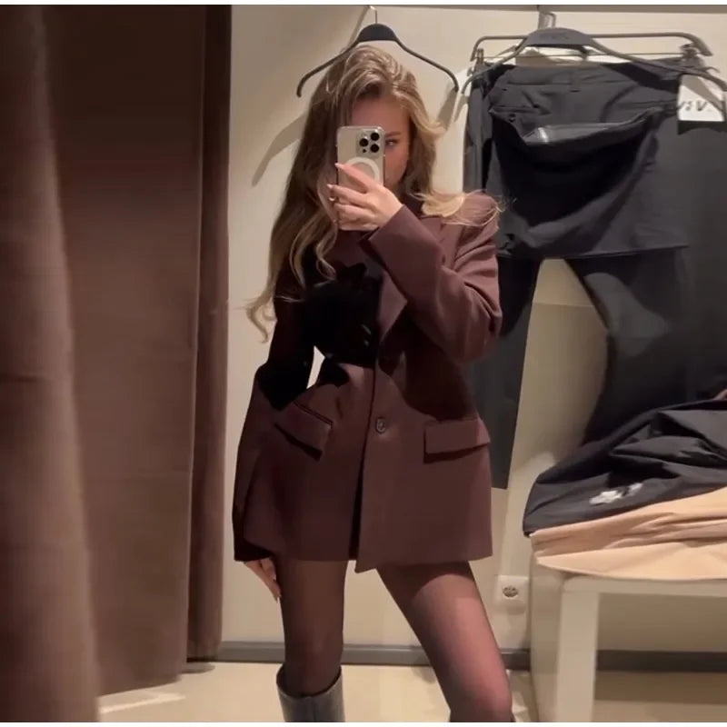 Elegant Lapel Blazer Skirt Set Women Casual Slim.