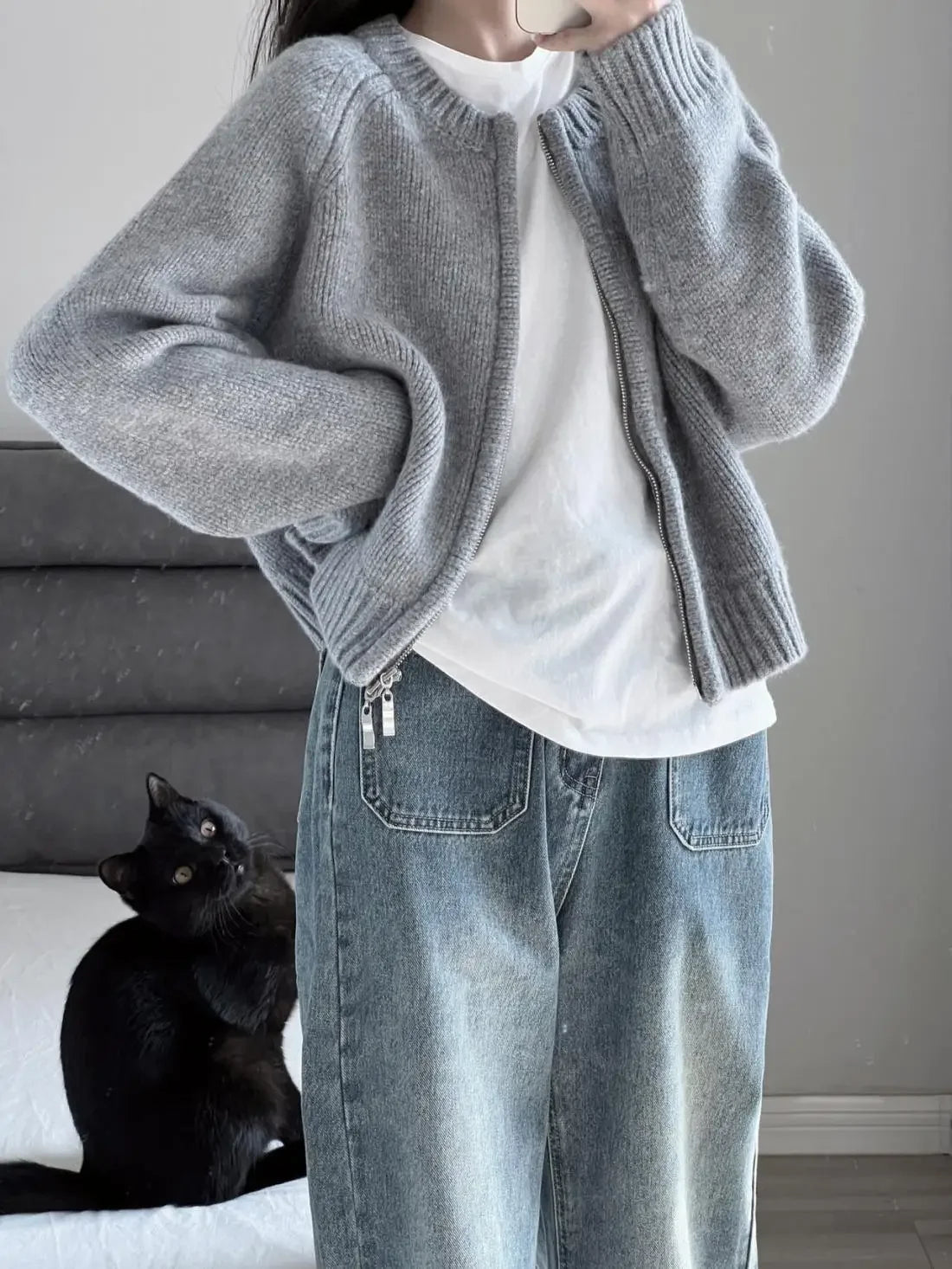 Gray Short Sweater Coat Women Clothing Autumn Winter New Loose .