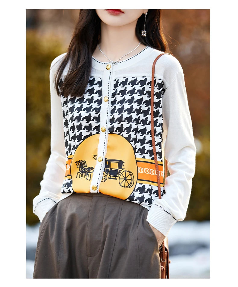 Spring and Autumn New Woven Wool Cardigan Women's V-neck.