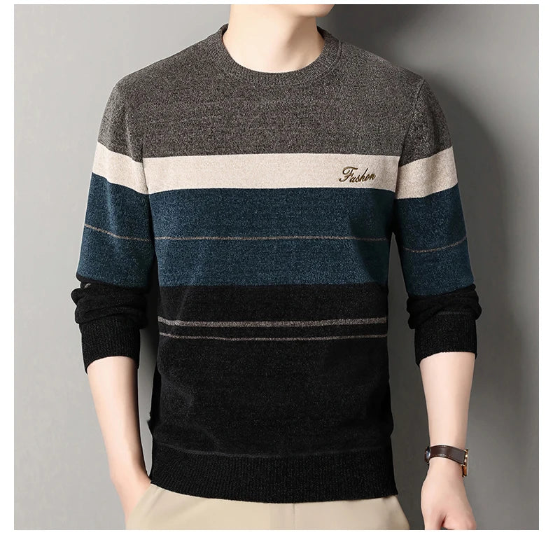 Mens Fashion Striped Sweater Round Neck Pullover Fleece.