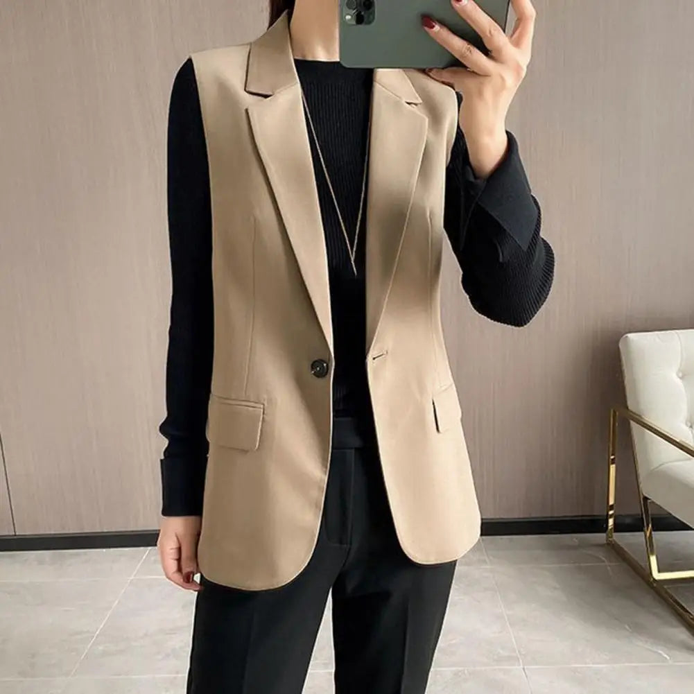 Women Vest Sleeveless Solid Color Suit Collar Loose Cardigan.