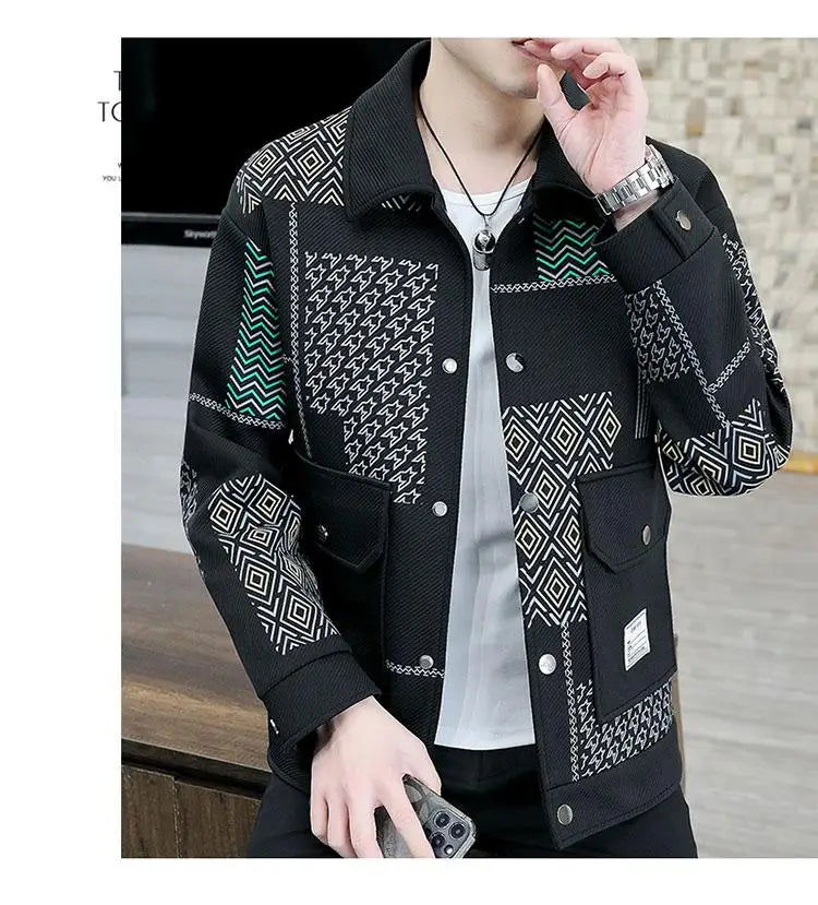 Brand Clothing Spring Autumn Men Coats Lapel Slim Print Jacket.