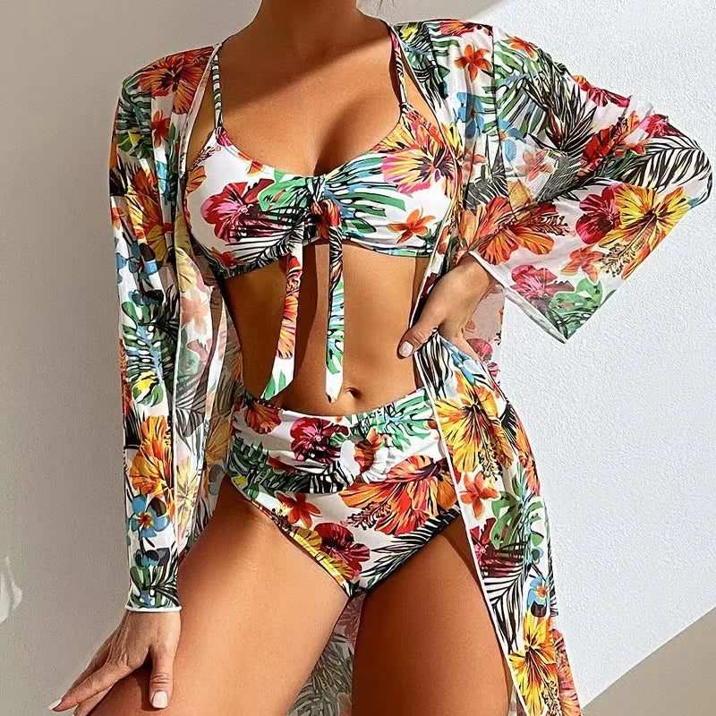 Bohemian Print Sexy Bikini 3 Pieces Floral Printed Swimsuit Women High Waisted Bikini Set With Mesh Long-Sleeved Blouse Swimsuit
