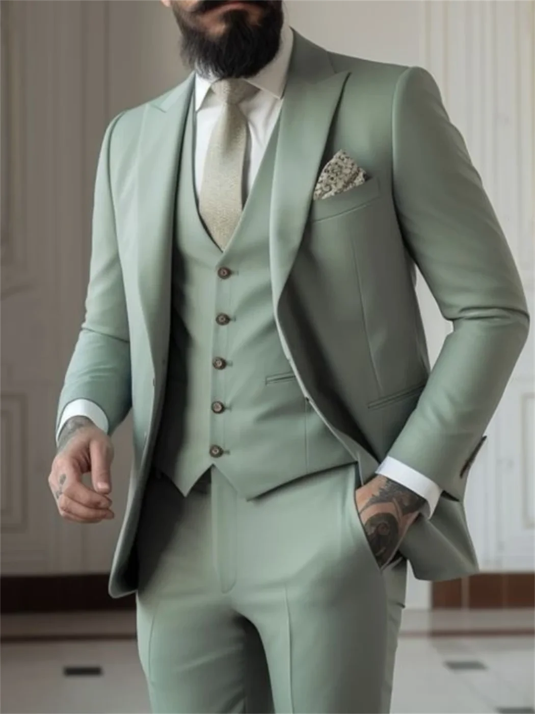 3 Piece Sage Green Men's Slim Fit Suits (Jacket+Vest+Pant) Wedding Groom .