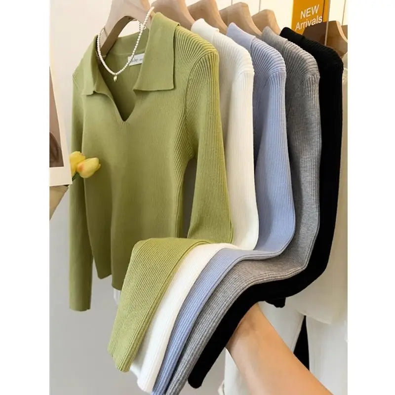 Women Clothing Vintage Fashion Solid Turn-down Collar Pullovers.