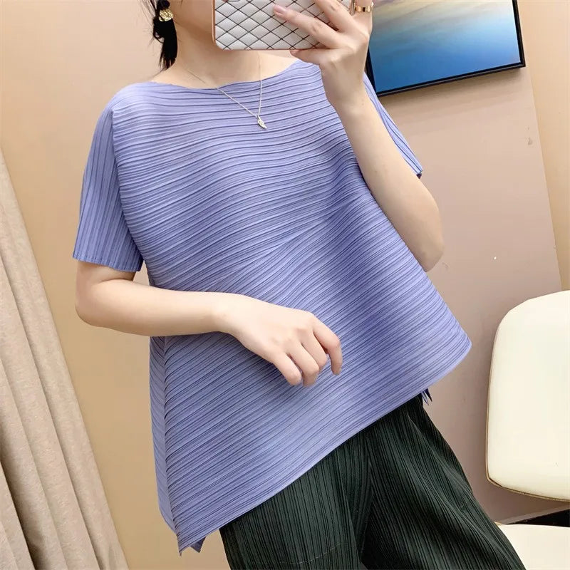 Miyake style pleated tops for women 2024 summer new high-end loose large size stretch fabric clothes temperament T-shirt